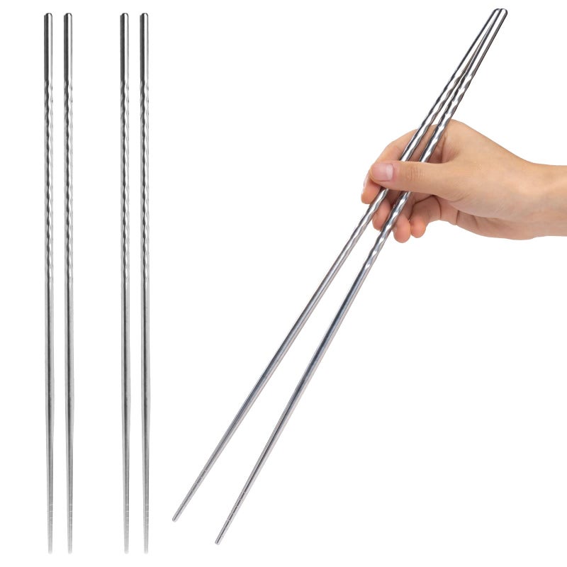 EORTA 3 Pairs Cooking Chopsticks 15.2 Inch Extra Long Stainless Steel Chop Sticks with Non-slip Threaded for Hot Pot, Cooking, Frying, Noodle, Dishwasher Safe, Silvery - Image 1